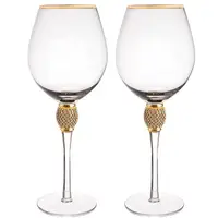 

Gold Rimmed Long Ball Stem Diamond Studded Wedding Crystal Goblet Burgundy Red Wine Glass Set