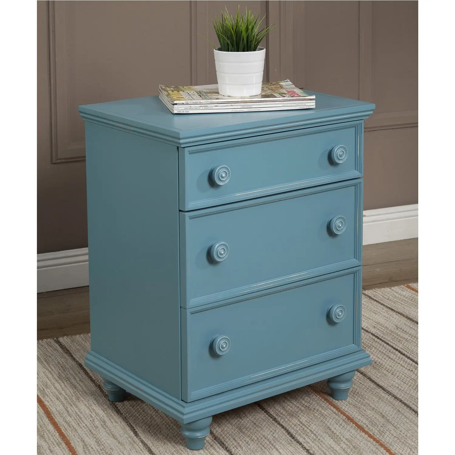 JOHN BOYD DESIGNS Notting Hill Night Stand 3 Drawer Blue Blue Finish, Painted