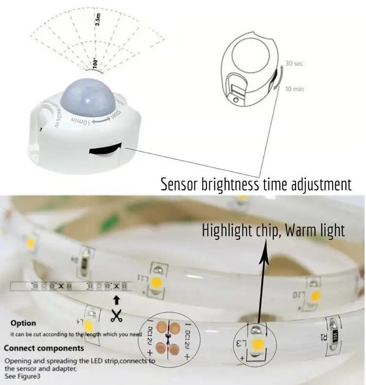 1M 2M 3M DC12V Motion Sensor Led Strip Light Especially for Bed Single bed and Double bed