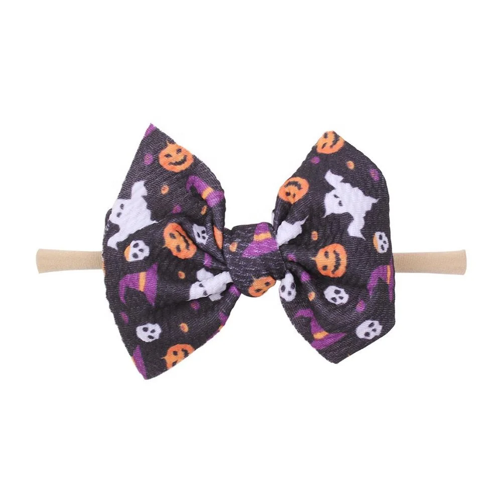 

2019 New Halloween 4.5" Bow Elastic Headband For Festival Party Pumpkin The Bat Skull Hairband For Kids, 2colors