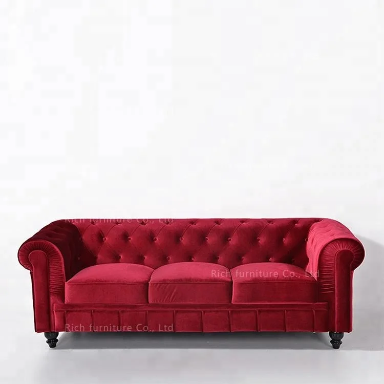 Retro 3 Seat Velvet Fabric Tufted Couch Living Room Funiture Sofa