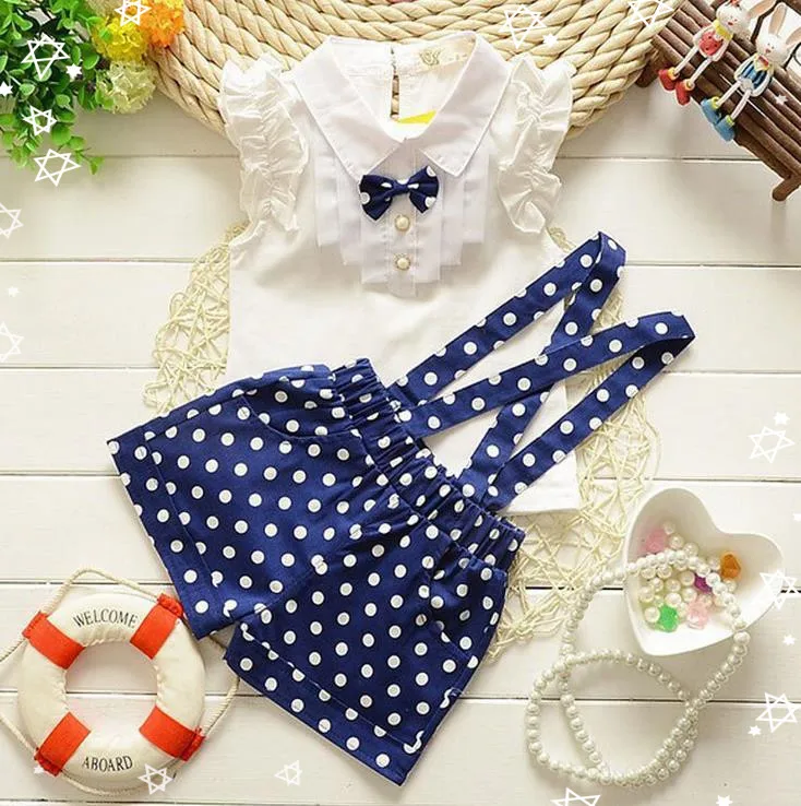 

2021 children boutique dot clothing summer cute bow girls overalls suspender skirt clothing sets, Navy red