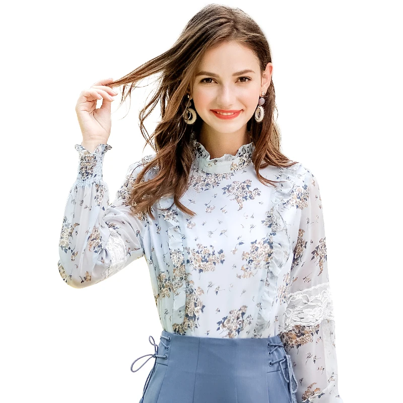 

womens tops blouses 2018 women's collar collar long-sleeved printed blouse small chiffon women clothing, Shown