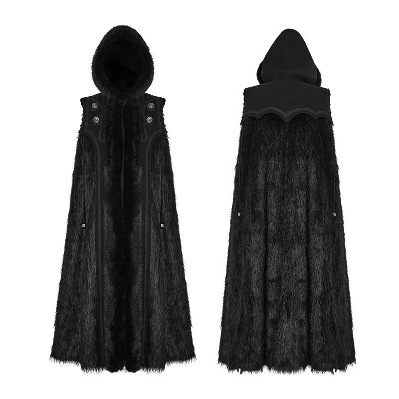 Y-803 Punk Rave Halloween black knight luxury design Gothic men long fur cloak with hood