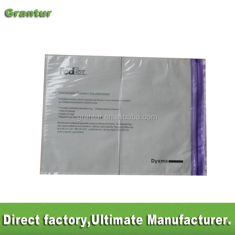 Fedex Packing List Envelope Reclosable Custom Made Zipper Closure