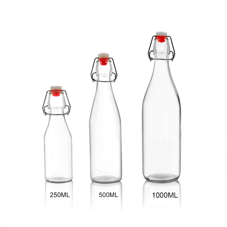 Round Or Square 500ml 1l Glass Swing Top Drinking Bottles With Clip