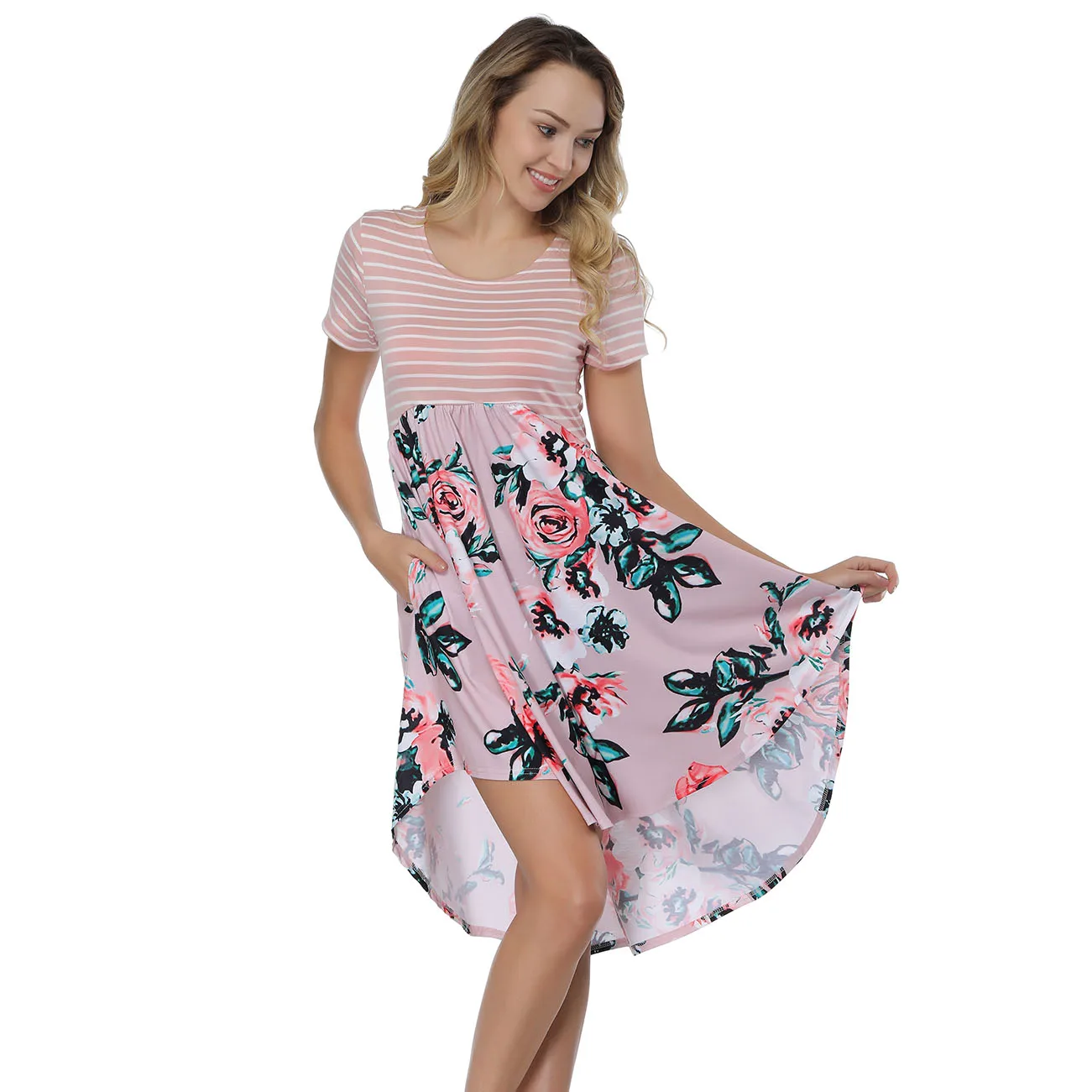 

New Style Black Round Neck Short Sleeve Dress Floral Printing Lady Dress