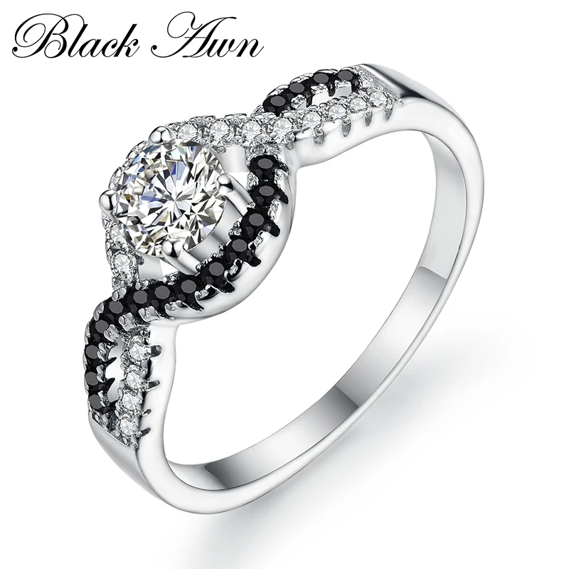

[BLACK AWN] Genuine 925 Sterling Silver Jewelry Wedding Rings for Women Round Black&White Stone Ring C232