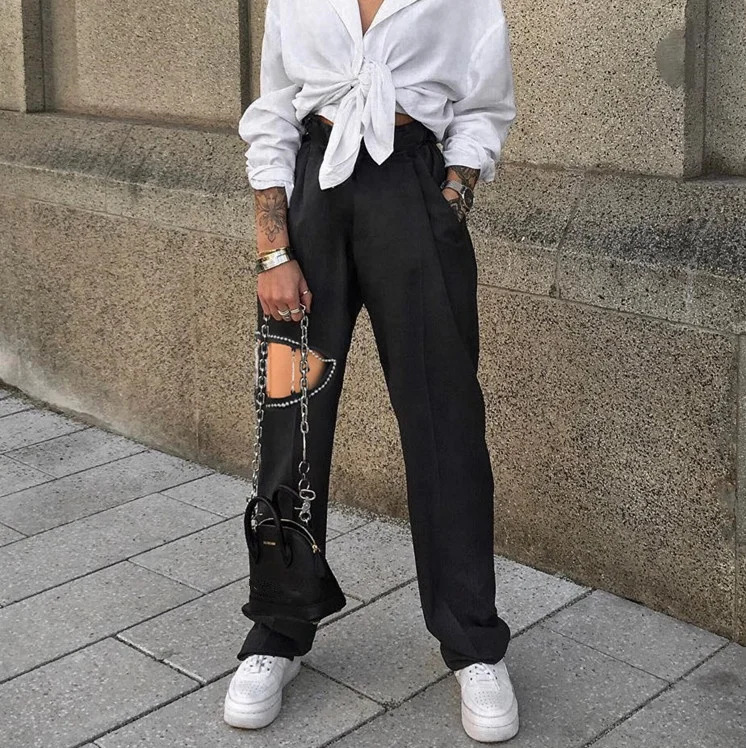 

B23661A Popular beaded chain Hollowed-out casual pants Straight pants