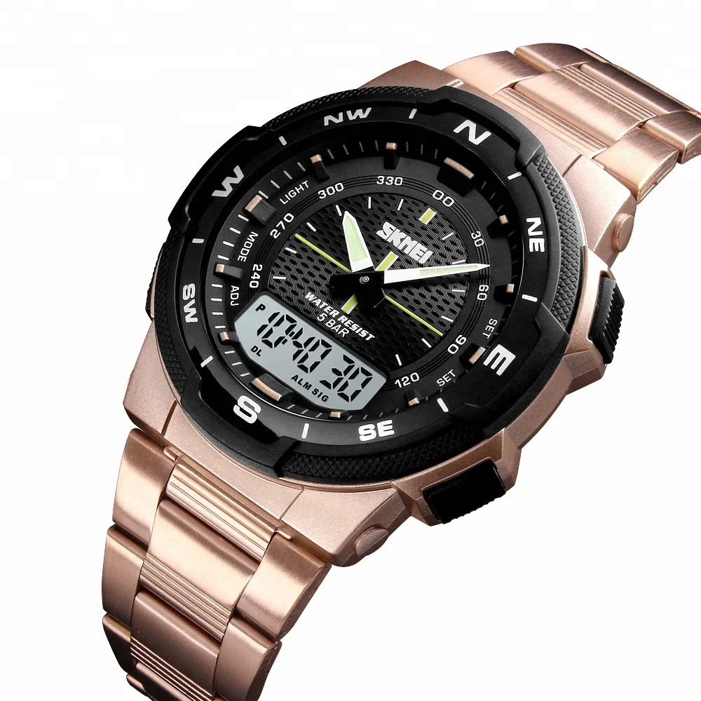 

1370 skmei Watch high quality 2time zone digital clock stainless stain 6 colors waterproof sports military watch, Rose gold,gold,silver,black,army green
