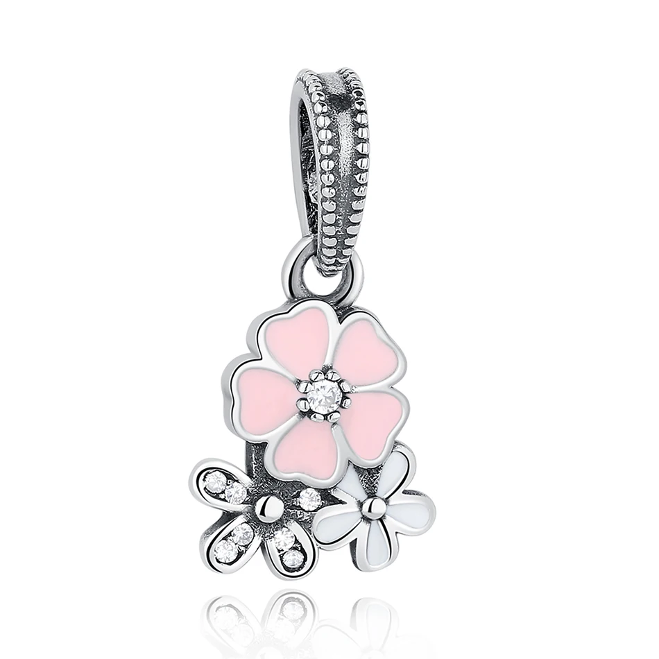 

Real 925 Sterling Silver Charm Flowers Pink Cherry Charm Beads with Clear CZ Bead Fit Original Bracelet DIY Jewelry