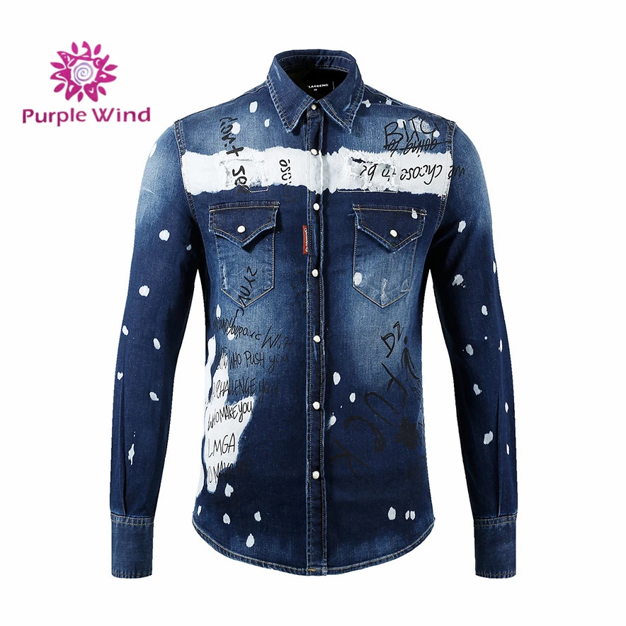 

New trend 100%Cotton print badge long sleeve jeans denim custom t-shirt for men, Picture