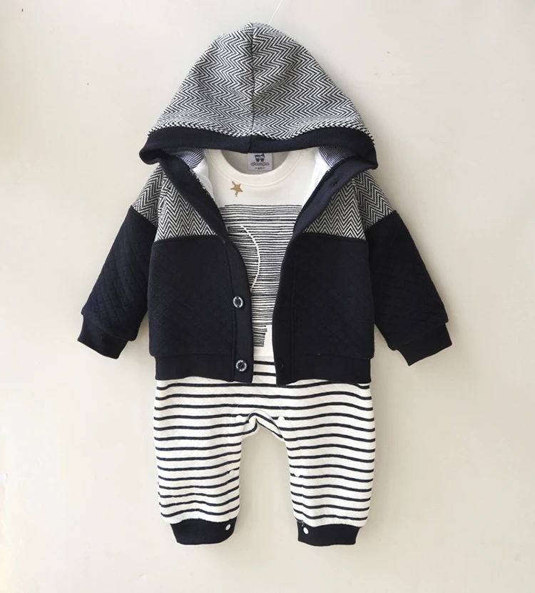 

wholesale thick autumn winter toddler infant romper with hood store newborn baby boys clothes rompers set, White+navy blue