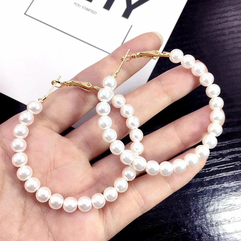 

Fashion Trendy White Pearl Round Circle Hoop Earrings Pearl Big Circle Hoop Earrings