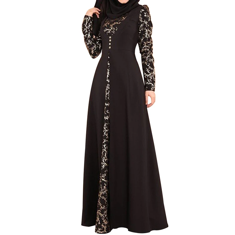 

Muslim style Two Middle Eastern Robe Dresses Sleeve O-neck Women Dress Robe With Flower Print