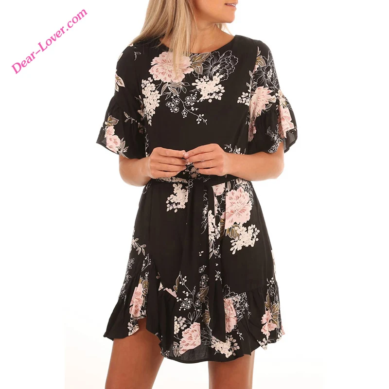 

european Black Floral Pattern Ruffle Chiffon floral dress women, As shown