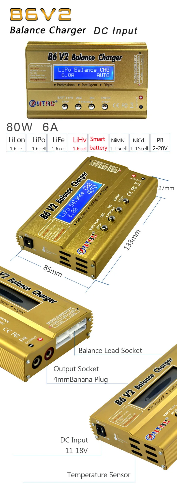 Htrc B6 V2 80w Professional Digital Lipo Battery Balance Charger