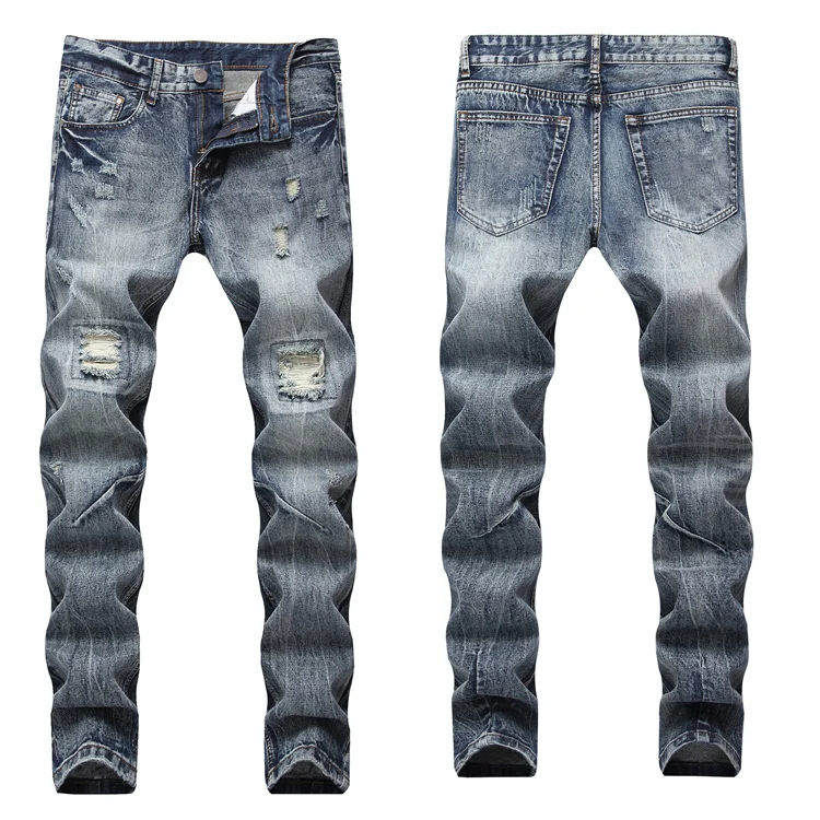 

2019 new fashion ripped rock revival denim men jeans hole straight, Blue