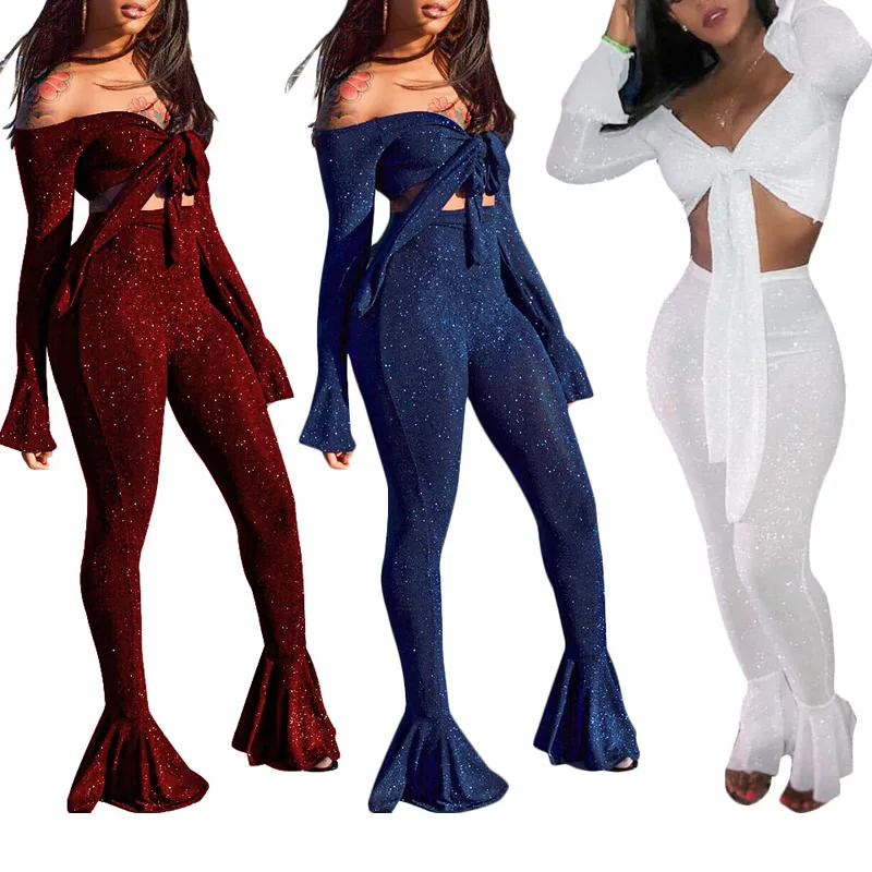 

2019 Trendy Long Sleeve Drawstring Crop Top And Flare Pants Two Piece Set Women Club Clothing Sexy, Black;blue;navy;red;grey or customized