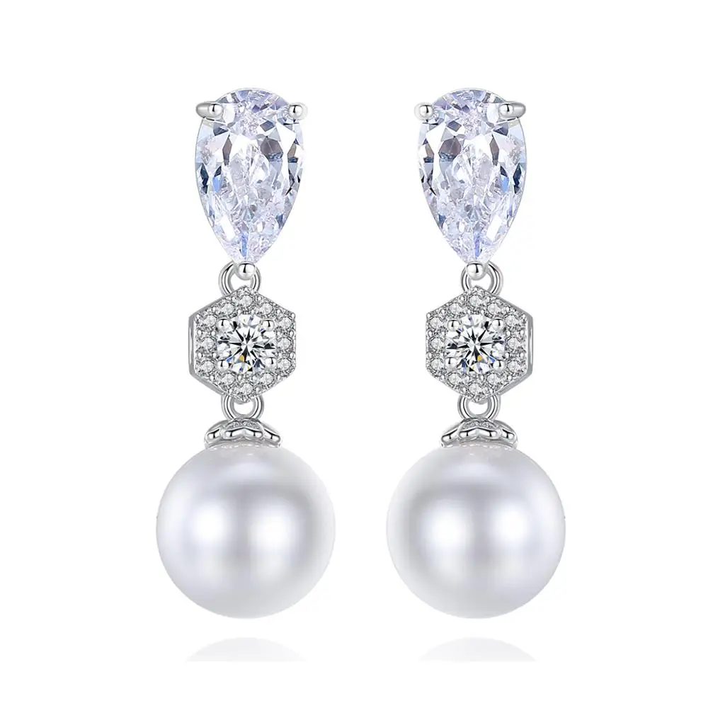 

LUOTEEMI White Gold Color Waterdrop Cubic Zirconia with White Round Pearl Bridal Dangle Earrings