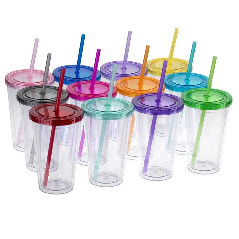 16oz Insulated Double Wall Tumbler Cup With Lid And Reusable Straw