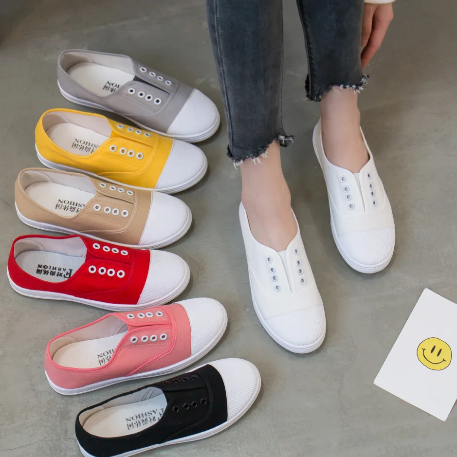 

Students Cheap Fashion Versatile Pedal Women Casual Canvas Flat Lazy Shoes, White/black/pink/yellow/red/light grey/khaki