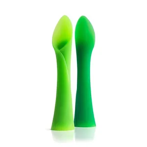 Image of Green Bamboo Shape Food Grade Silicone Baby Spoon