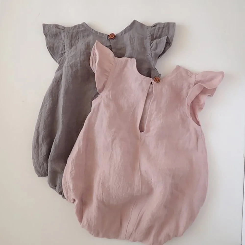

Wholesale Linen Baby Girls Romper Newborn Flutter Sleeve Solid Color Casual Loose Toddler Baby Girls Romper, As picture show