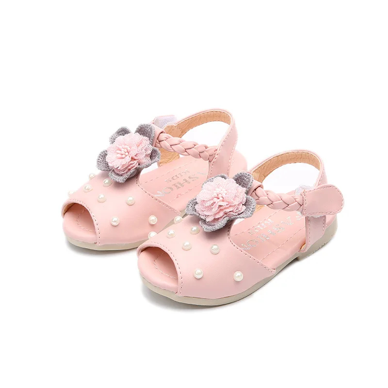 

New beautiful big flower summer girl kids shoes, White/pink