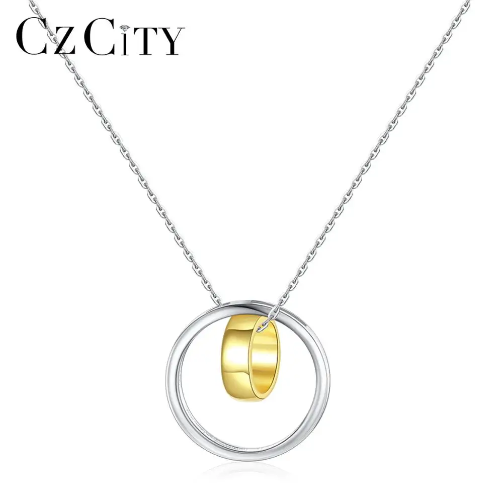 CZCITY Rhodium and Real Gold Plated Women 925 Sterling Silver Jewelry 925 Silver Double Circle Charm Necklace