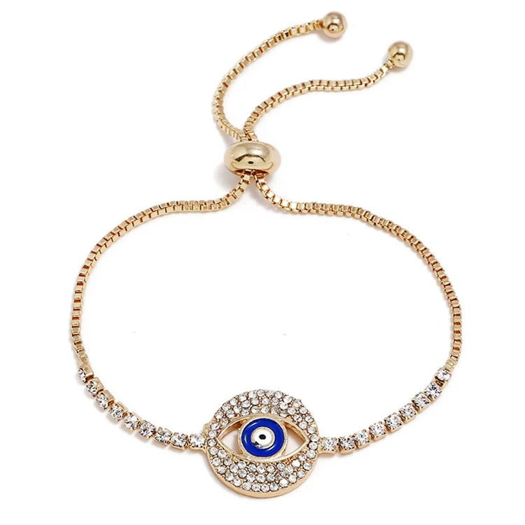 

BR-187009 New Hot Gold Plated Crystal Rhinestone Pave Evil Eye Adjustable Bracelet for Girls