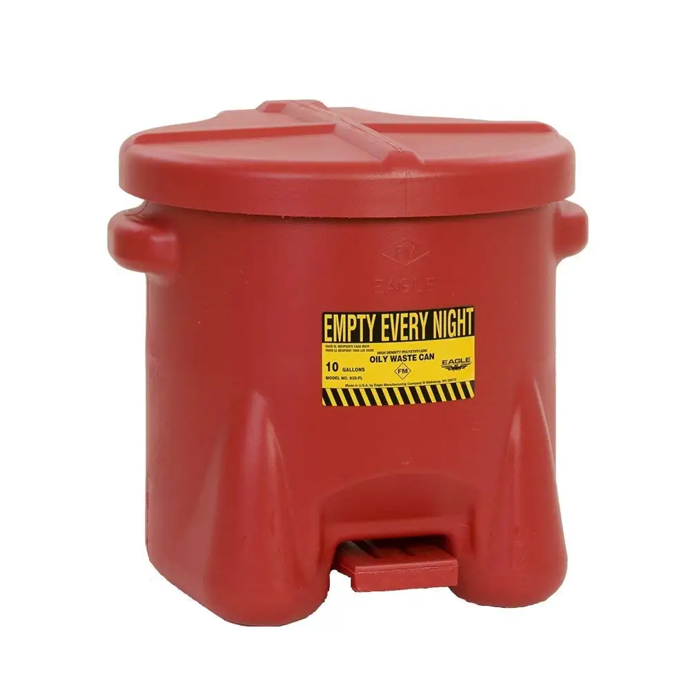 23L 6 gal. J09100 09100; Galvanized-steel; Safety cans; For Oily waste; Red; Foot Operated cover; Raised ventilated Bottom; Reinforced ribs; Self-closing; UL listed; FM approved; Capacity