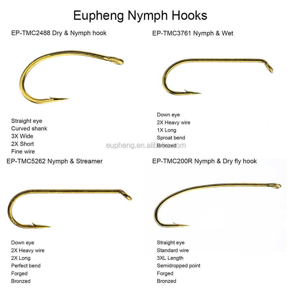 

Eupheng Nymph Fly Fishing Hook Dry Wet Fly Tying Hooks Streamer Bronze Color Hooks EP-TMC2488 3761 5262 200R E10
