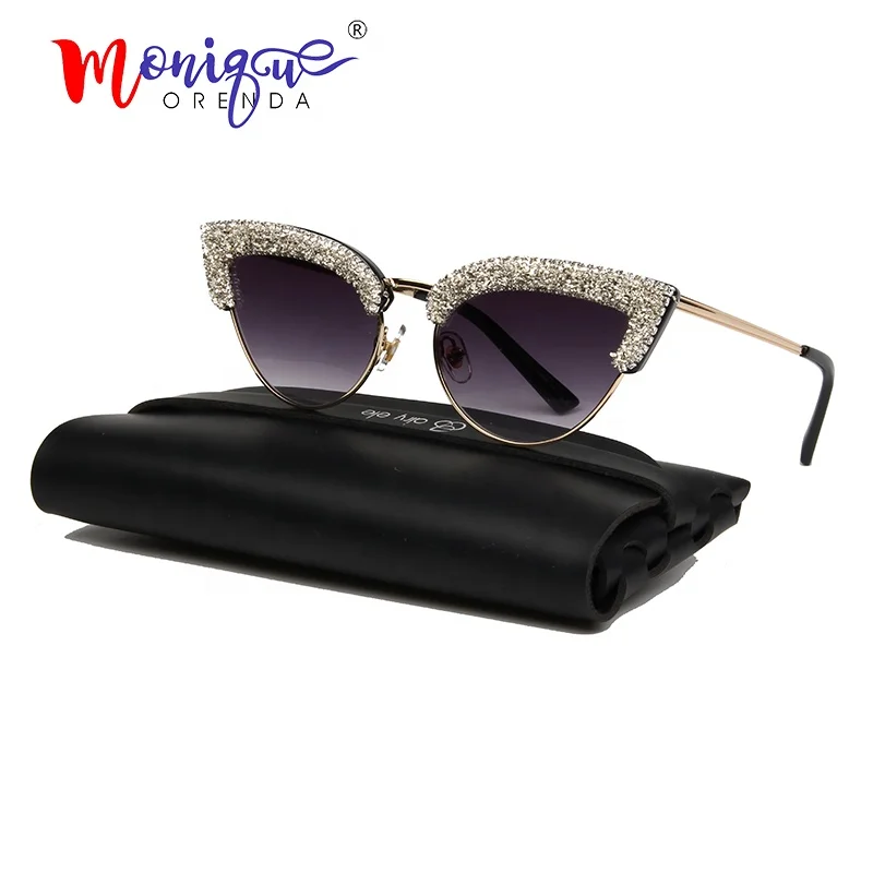 

Fashion cat eye sunglasses women brand designer vintage half frame gravel rhinestone sun glasses men shades oculos de sol UV400, White;pink;brown