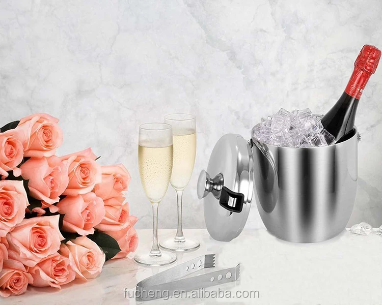Stainless Steel Metal Double Wall Wine Ice Bucket With Lid Tong Handle