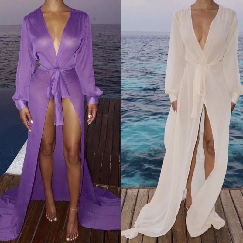 Women Summer Boho Chiffon Long Sleeve Solid Color With Sashes Cardigan Loose Dress Transparent Beach Cover Up A259