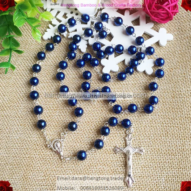 

dark blue abs pearl rosary necklace, imitation pearl necklace with virgin mary center