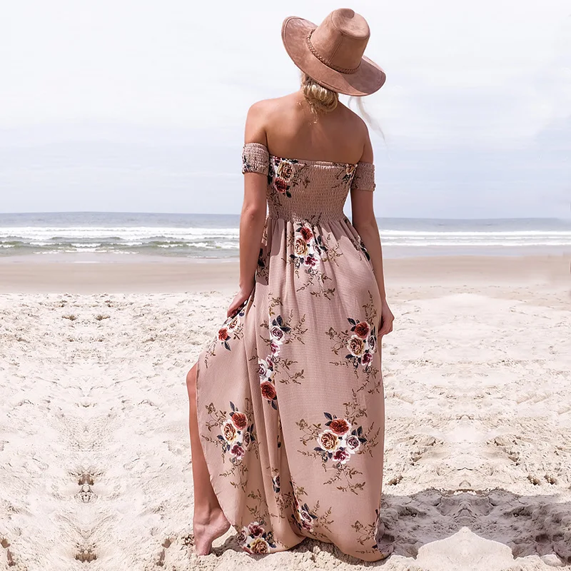 Boho style long dress women Off shoulder beach summer dresses Floral print Vintage chiffon white maxi dress