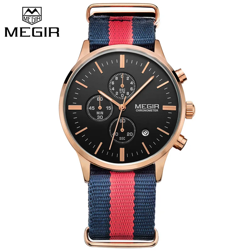 

Top Fashion Men Wrist Watches Mix Color Nylon Strap Simple Chronograph Date Hour Clock Quartz Luxury Brand Men Megir 2011 Watch