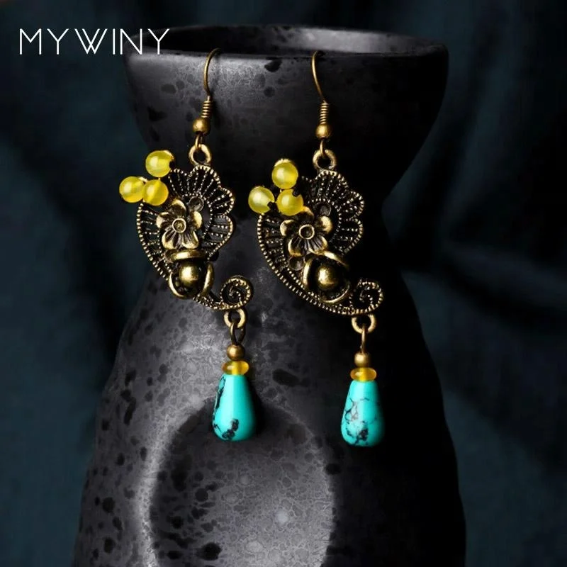 

New Original handmade nature stone dangle earrings blue ,New Ethnic earrings copper accessories jewelry vintage earrings, N/a