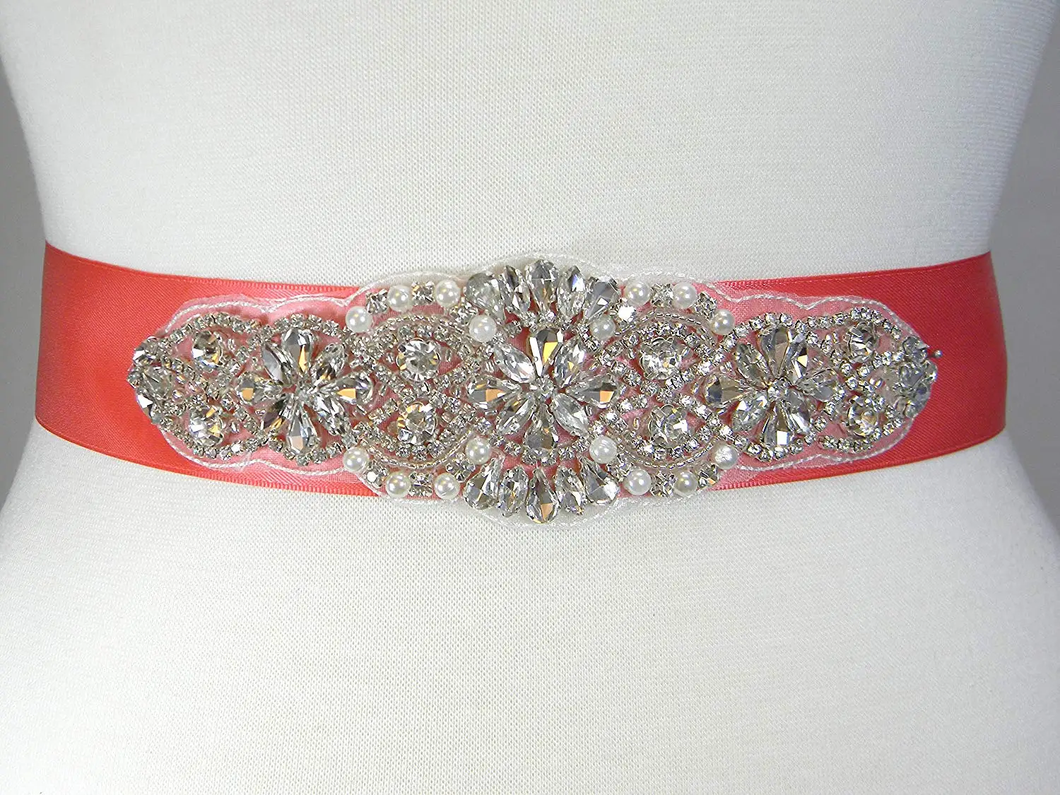 Wedding Belt, Coral Satin Bridal Belt, Bridal Sash, Bridesmaid Belt, Flower Girl Dress Sash, Pearl and Crystal Rhinestone Wedding Sash Belt, ALEXA