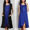 Wholesale Custom Women Fashion Sext Sleevless 96% Rayon 4% Spandex Blue Faux Wrap Dresses China Clothes Agent