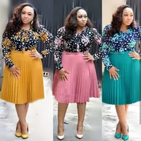 

YSMARKET L-3XL African Midi Dresses Women Office Casual Chiffon Long Sleeve Vintage Print Splice Pleated Plus Size Autumn Dress
