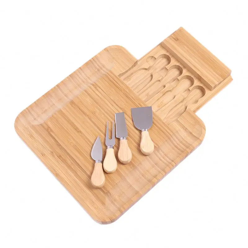 

Bamboo Cheese Board 100% Natural with 6 Piece Cutlery Set In Slide-Out Drawer Strongest