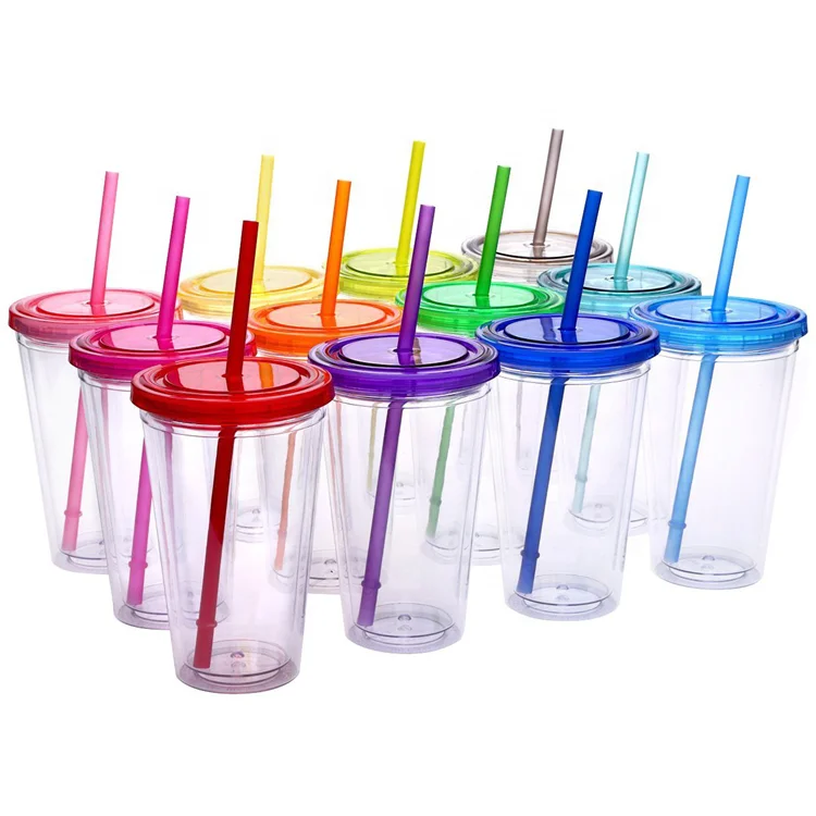 

16 OZ. Reusable Double wall insulated Clear juice cup Acryic hard plastic tumbler with lid and straw, Transparent