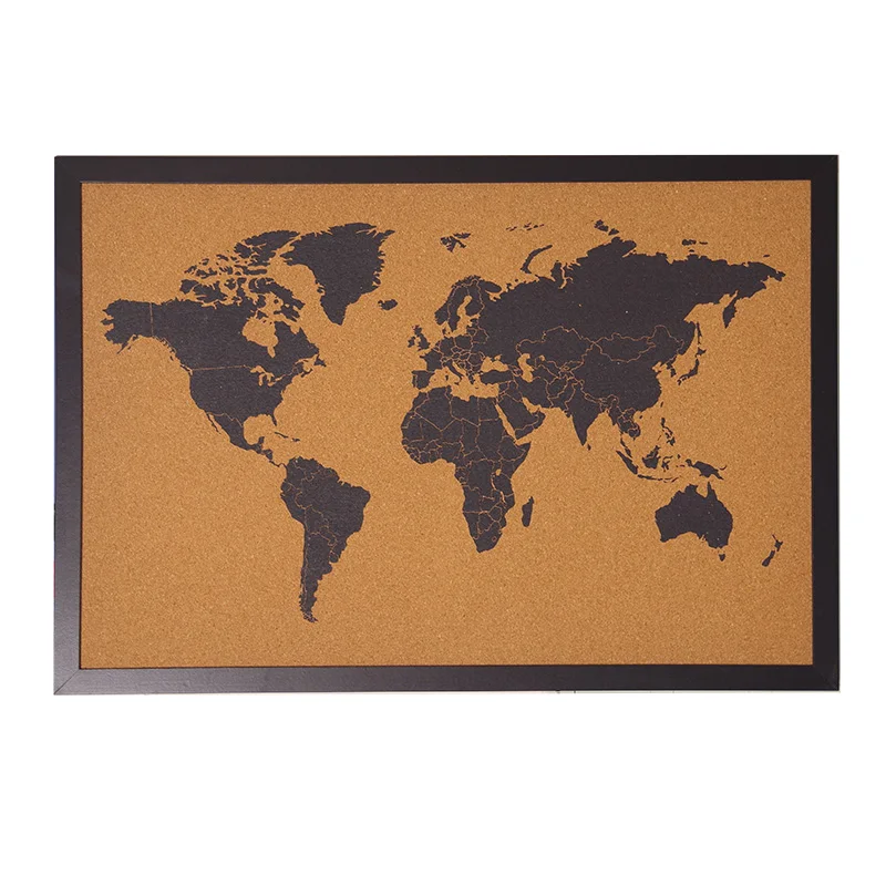 
High Quality Decorative Soft Bulletin Board Custom World Map Printed Push Pins Cork board with Wooden Frame  (62134553087)