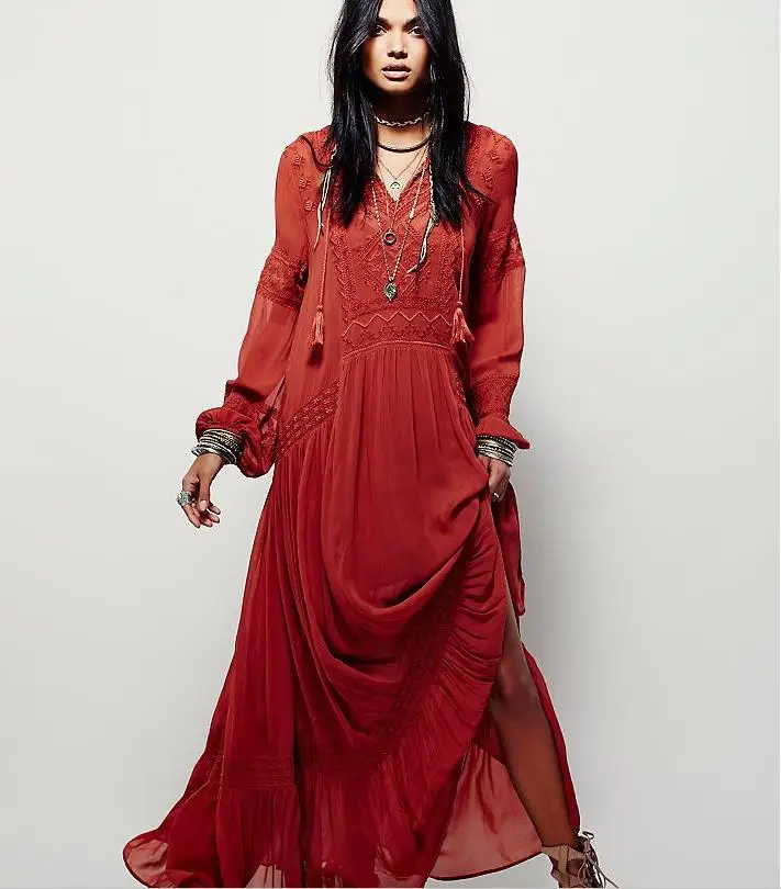 

Latest elegant embroidered long sleeves beach casual long bohemian dress women, Red and more color as customer required