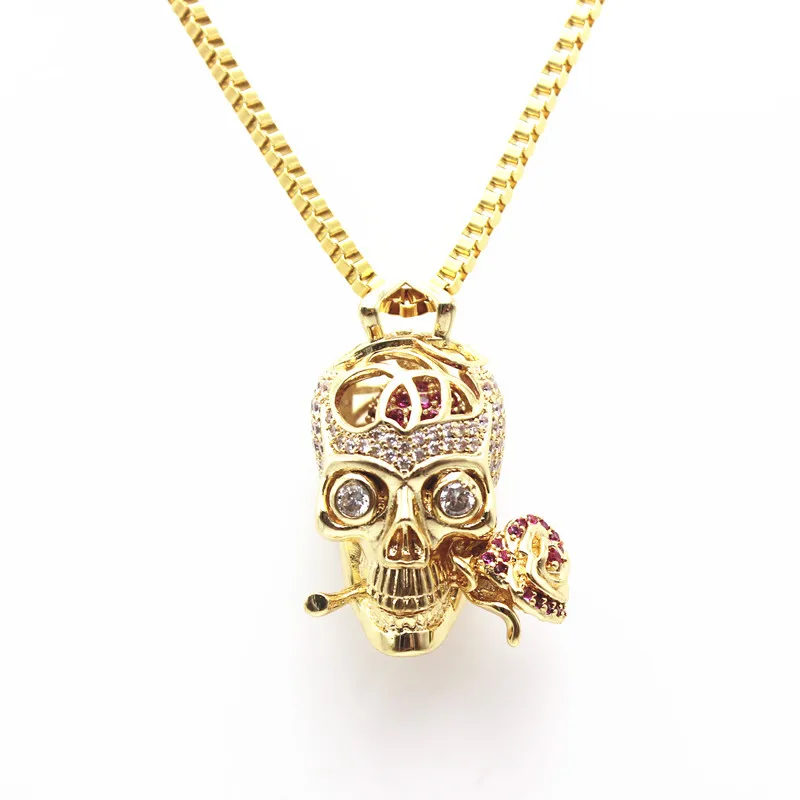 

18k gold plated AAA cz micro pave cool skull head bit rose pendant necklace jewelry