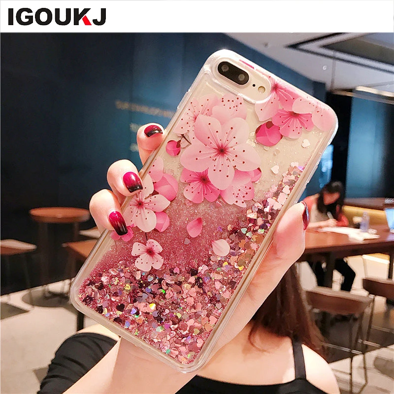 

Free shipping New flower print peach blossom liquid back cover for iphone 6 7 8 plus quicksand for iphone X XR XS MAX phone case
