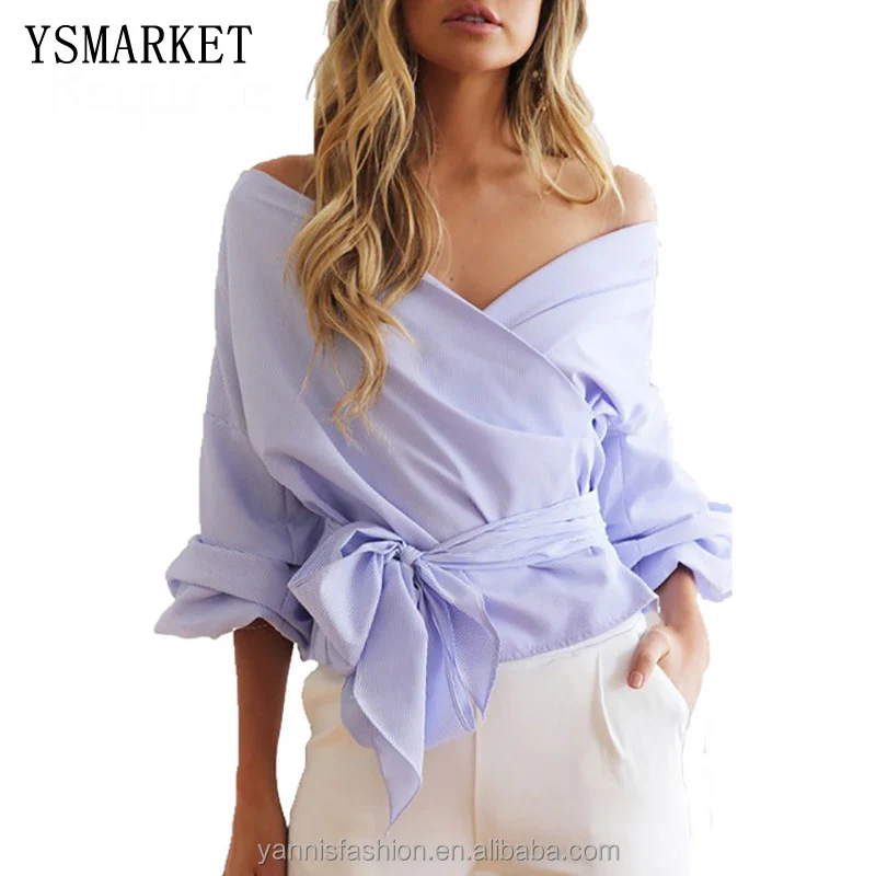 Autumn Women Shirt Fashion Puff Sleeve Bow Tie Cross V Neck Blouse Woman Sexy Off Shoulder Bandage Blue Striped Blouses E16224
